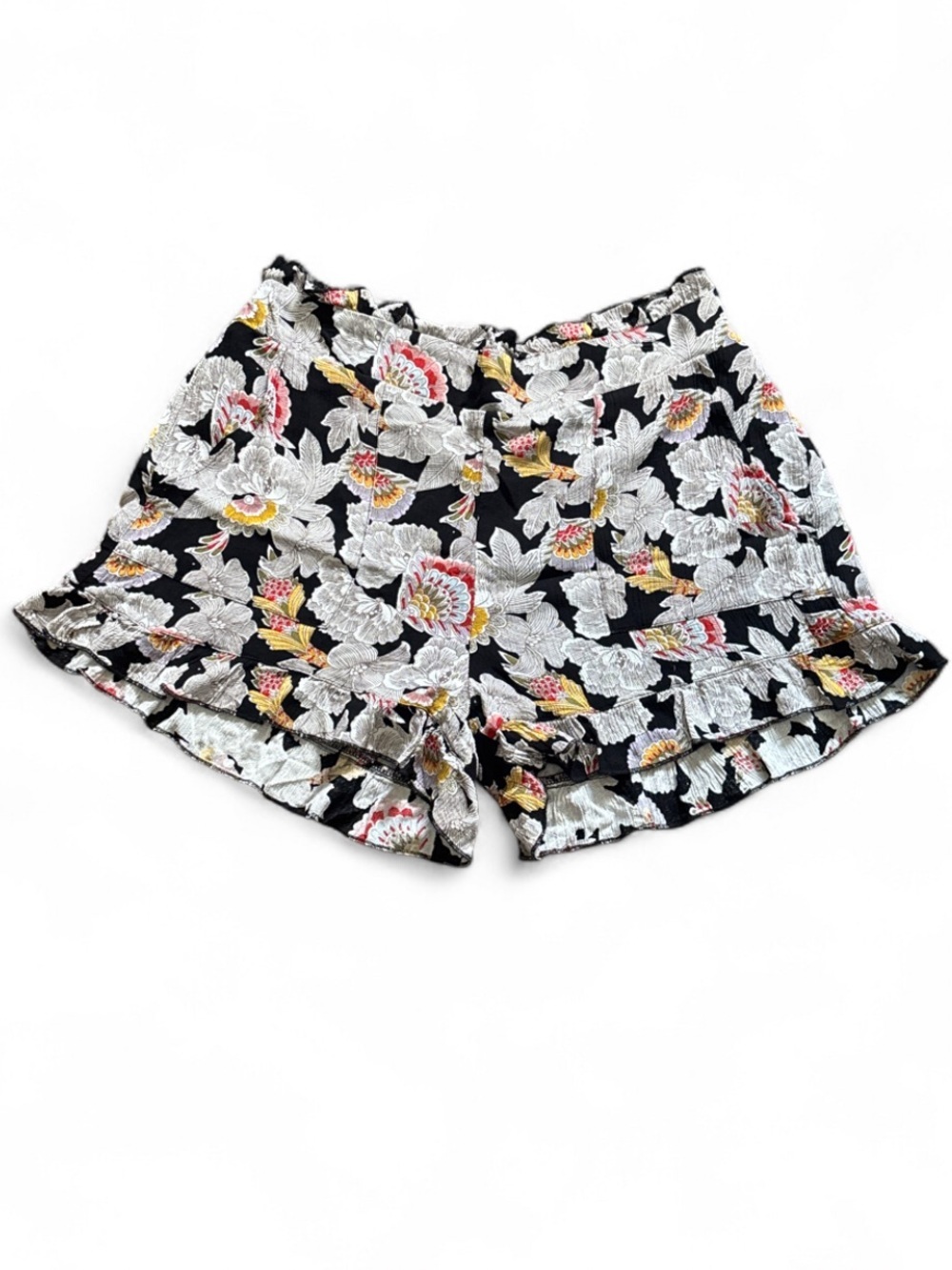 Black Floral Ruffle Hem Boho Shorts Womens Sz M Hippie Flutter Elastic Waistband